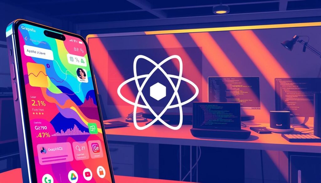 A detailed, visually-striking illustration of React Native GraphQL development. In the foreground, a vibrant, colorful React Native app interface with dynamic data visualizations, nested components, and smooth interactions. In the middle ground, the Apollo GraphQL client library seamlessly integrating the app with a powerful GraphQL backend. In the background, a sleek, minimalist development environment with code editors, terminals, and other tools used by React Native and GraphQL developers. Warm, directional lighting casts dramatic shadows, creating depth and emphasizing the technical complexity. The overall composition conveys the power, flexibility, and elegance of React Native and GraphQL working together.