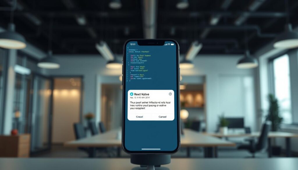 A high-resolution, cinematic image of a React Native mobile app interface displaying a push notification. The foreground features the notification panel with a clean, modern design, highlighting key details like the app icon, title, and message content. The middle ground showcases the React Native codebase, with code snippets and development tools visible. The background depicts a serene, blurred office setting, conveying a professional, tech-savvy atmosphere. The lighting is soft and directional, creating depth and emphasizing the React Native and push notification elements. The camera angle is slightly elevated, providing an immersive, user-centric perspective.
