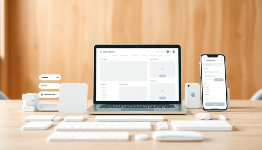 A serene and minimalist workspace showcasing a variety of React Native UI components. The foreground features clean and modern UI elements such as buttons, input fields, and navigation bars, all rendered in a soft, muted color palette. The middle ground depicts a laptop screen displaying a React Native app, with the user interface flowing seamlessly across the device. The background is a warm, natural setting, with blurred wooden textures and subtle lighting that creates a calming ambiance. The overall composition conveys a sense of focus, productivity, and the elegance of React Native development.