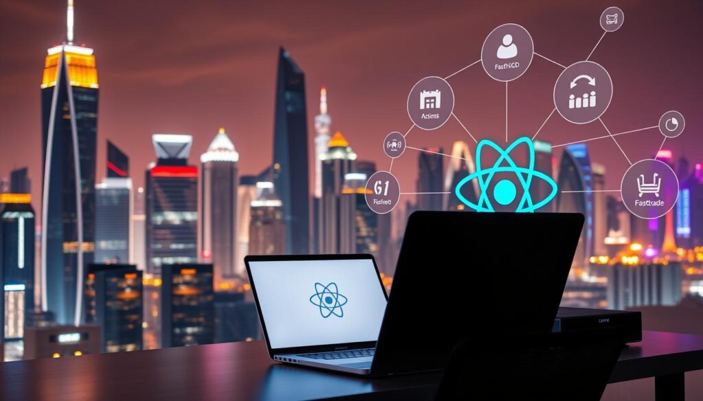 A sleek and futuristic cityscape, with towering skyscrapers and a vibrant, neon-lit skyline. In the foreground, a developer's workstation comes into focus, featuring a modern laptop, a minimalist desk setup, and an array of development tools and frameworks - prominently showcasing the React Native logo. The scene is bathed in a warm, diffused lighting, creating a sense of productivity and innovation. In the background, a network of GitHub Actions and Fastlane workflows are visualized as holographic interfaces, seamlessly integrating with the development process. The overall atmosphere conveys the power and efficiency of a well-crafted CI/CD strategy for React Native applications.
